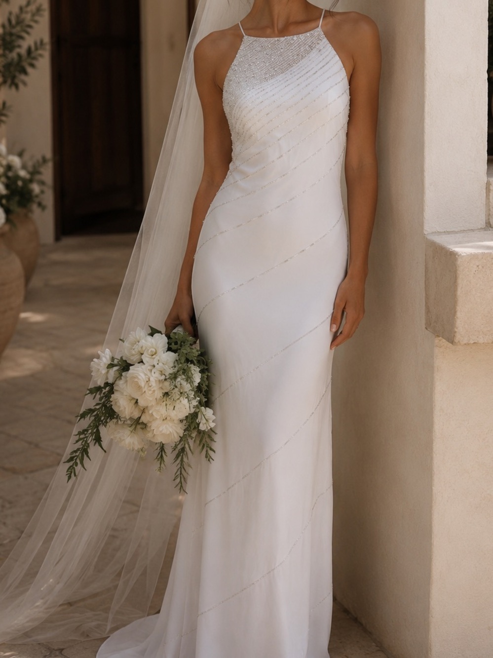 Vintage Bridal White Beaded Halter Evening Dress Small
